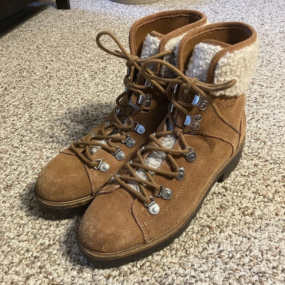 Marc Fisher Isalia Ankle Boots Womens Size 9 M Brown Suede Shearling Top Lace Up